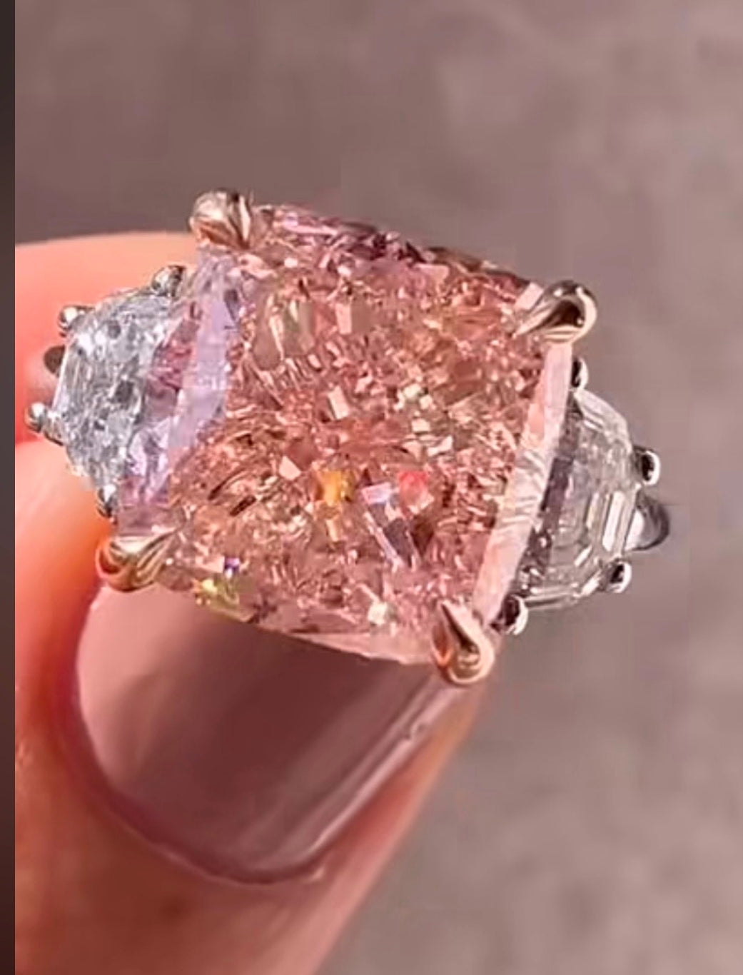 Custom 14K Two-Toned 3 Stone Ring 3.85 ct Light Pink Cushion Lab Diamond - IGI Certified