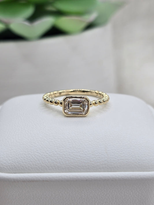 1 Ct Emerald Cut Lab Diamond Ring with Bead Design 14K