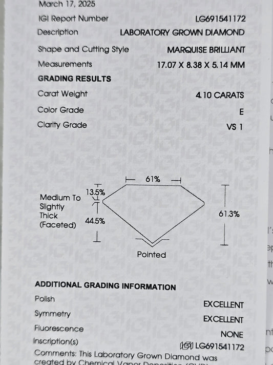 Loose 4.01 Ct F/VS1 Oval Lab Diamond - IGI Certified