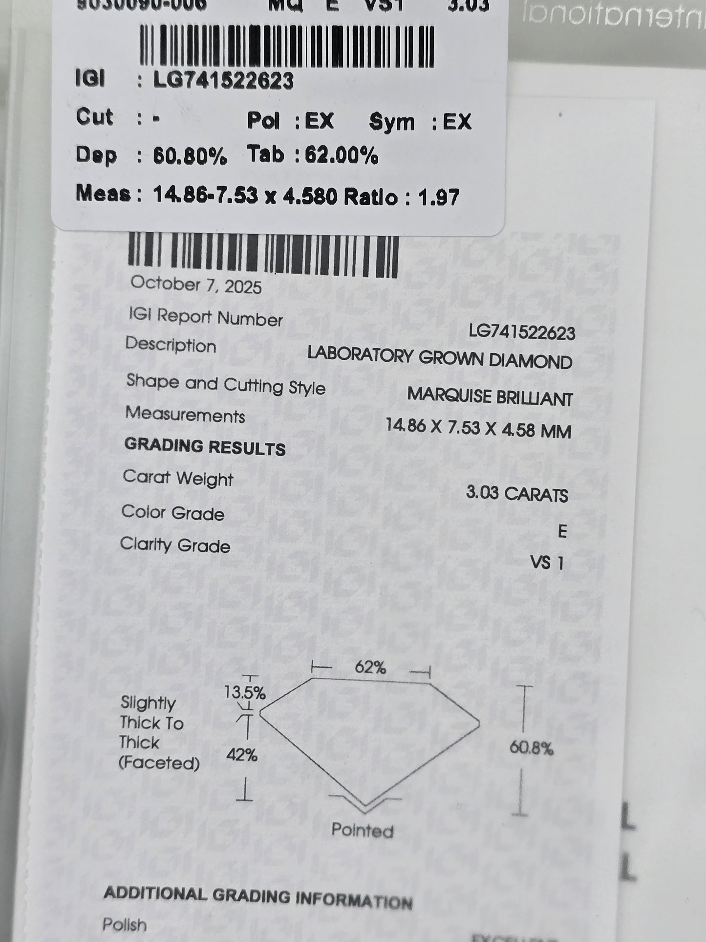 Loose 3.03 Ct E/VS1 Marquise Lab Diamond - IGI Certified