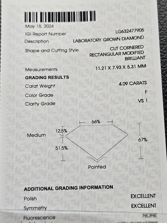 Loose 4.09 Ct F/VS1 Radiant Cut Lab Grown Diamond IGI Certified